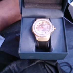 NY SO & CO Tribeca gold and black face/watch band with genuine crystals embedded